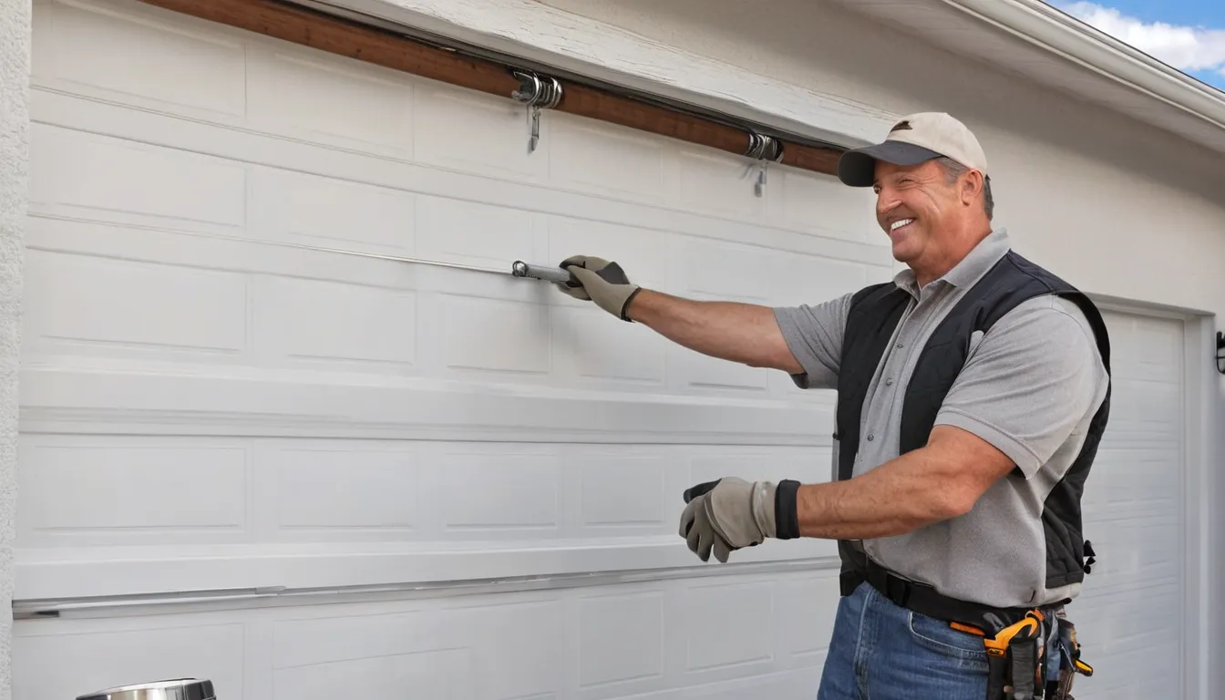 Friendly garage door provider checking a torsion spring above a residential garage door near Firestone